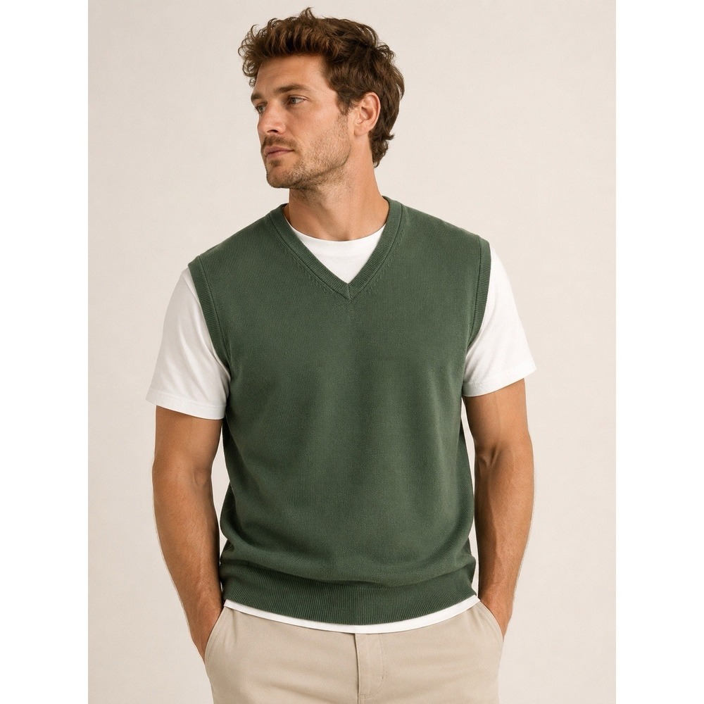 Duluth Trading Co Sweater Vest Men's Green Vneck Sleeveless Cotton Nylon Large
